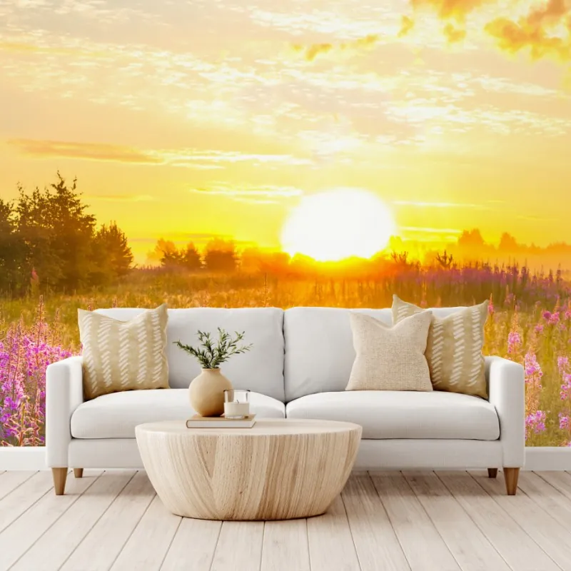 Wall mural sunrise in a purple wildflower meadow