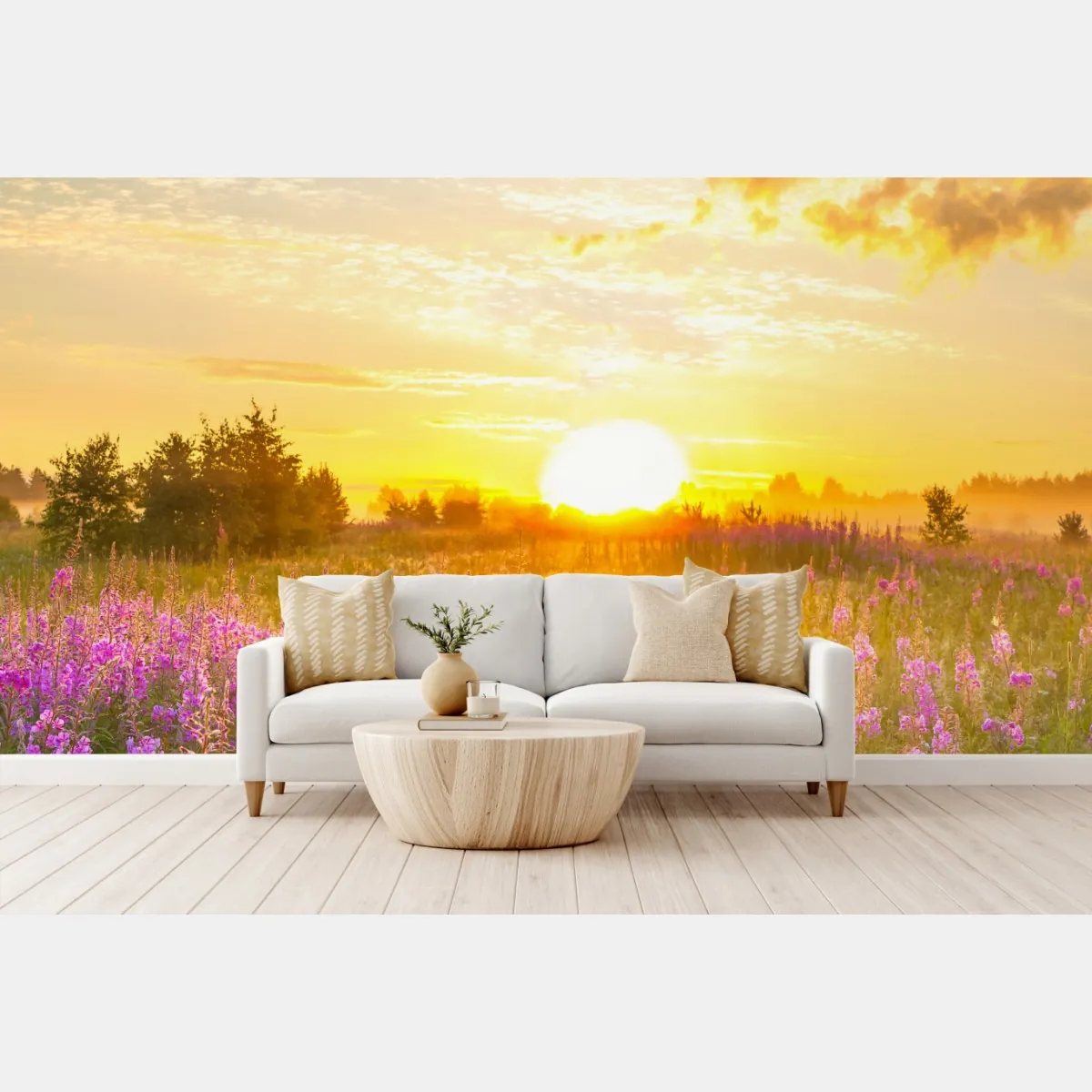 Fototapeta wschód słońca nad łąką pełną fioletowych kwiatów – Wallissimo® Fototapeta wschód słońca nad łąką pełną fioletowych kwiatów – Wallissimo®