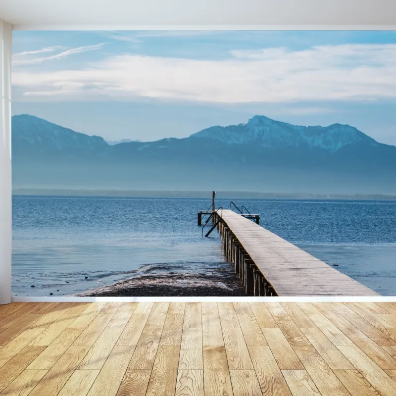 Wall mural misty mountain pier at dawn