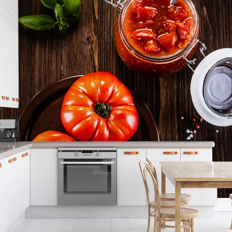 Wall mural fresh tomatoes and homemade sauce still life