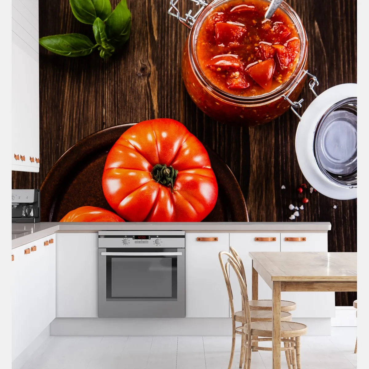 Fototapeta świeże pomidory i domowy sos – Wallissimo® Fototapeta świeże pomidory i domowy sos – Wallissimo®