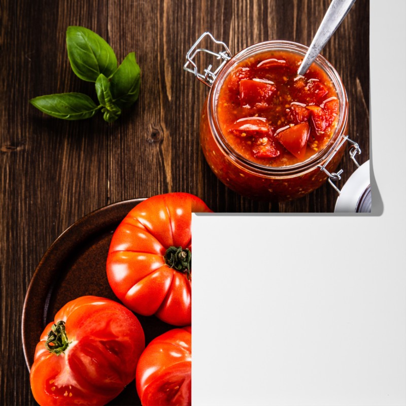 Fototapeta świeże pomidory i domowy sos – Wallissimo® Fototapeta świeże pomidory i domowy sos – Wallissimo®