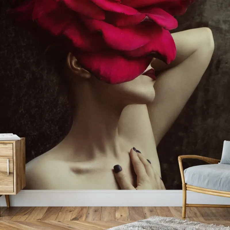 Wall mural woman with a rose head surreal floral portrait
