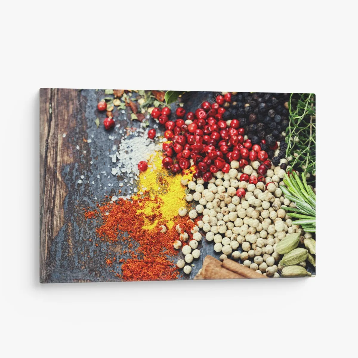 Obraz na płótnie intensywny zestaw przypraw na rustykalnym drewnie – Wallissimo® Obraz na płótnie intensywny zestaw przypraw na rustykalnym drewnie – Wallissimo®