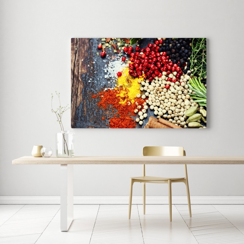 Obraz na płótnie intensywny zestaw przypraw na rustykalnym drewnie – Wallissimo® Obraz na płótnie intensywny zestaw przypraw na rustykalnym drewnie – Wallissimo®