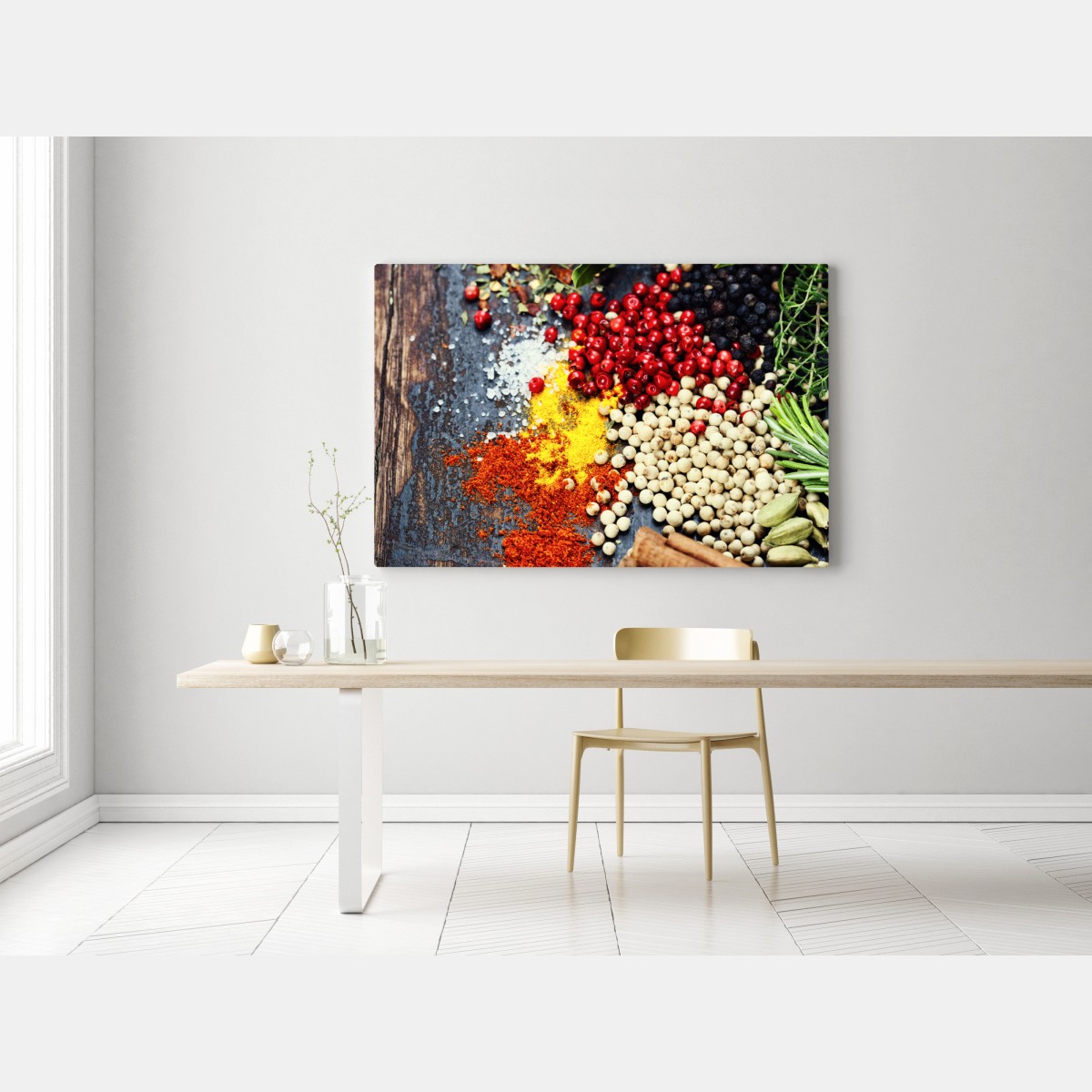 Obraz na płótnie intensywny zestaw przypraw na rustykalnym drewnie – Wallissimo® Obraz na płótnie intensywny zestaw przypraw na rustykalnym drewnie – Wallissimo®