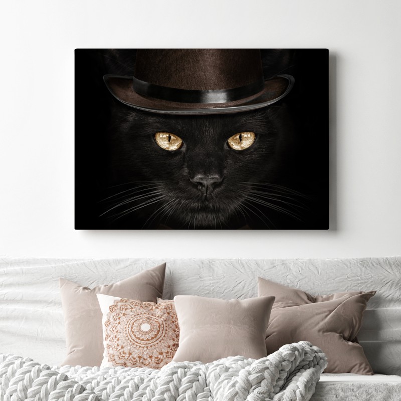 Obraz na płótnie elegancki czarny kot w cylindrze i muszce – Wallissimo® Obraz na płótnie elegancki czarny kot w cylindrze i muszce – Wallissimo®