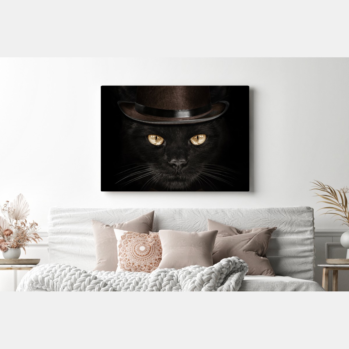 Obraz na płótnie elegancki czarny kot w cylindrze i muszce – Wallissimo® Obraz na płótnie elegancki czarny kot w cylindrze i muszce – Wallissimo®