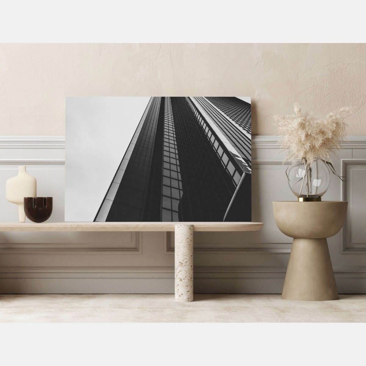 Obraz na płótnie monochromatyczny wieżowiec w perspektywie – Wallissimo® Obraz na płótnie monochromatyczny wieżowiec w perspektywie – Wallissimo®