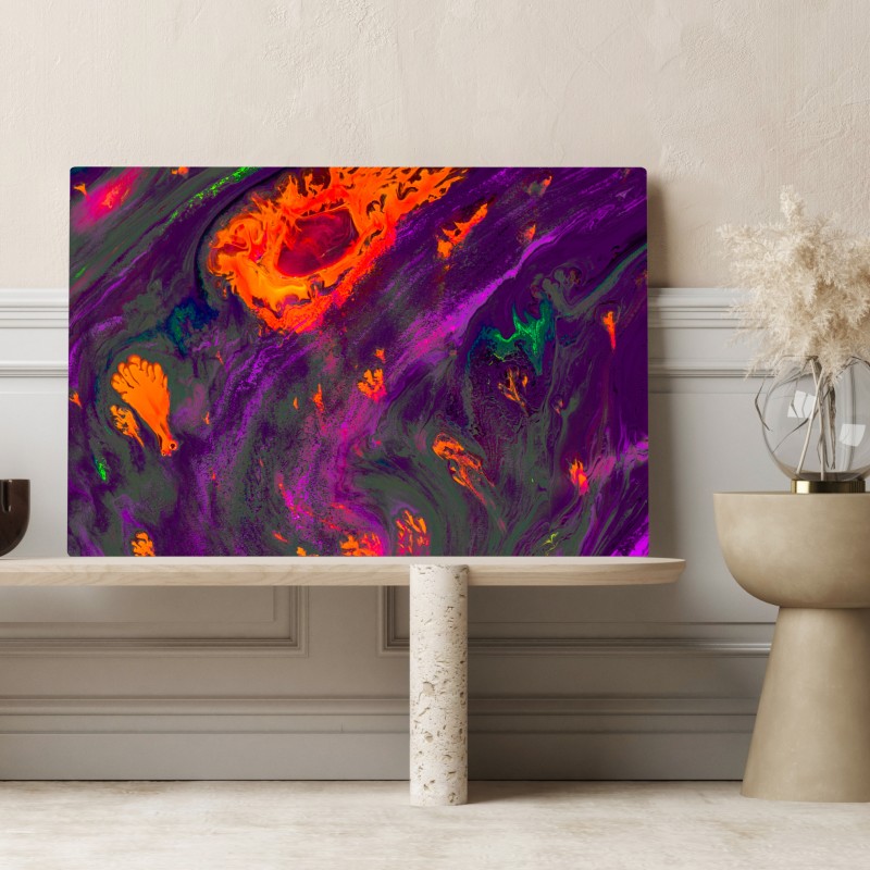 Obraz na płótnie tradycyjna ebru abstrakcja w purpurze i pomarańczy – Wallissimo® Obraz na płótnie tradycyjna ebru abstrakcja w purpurze i pomarańczy – Wallissimo®