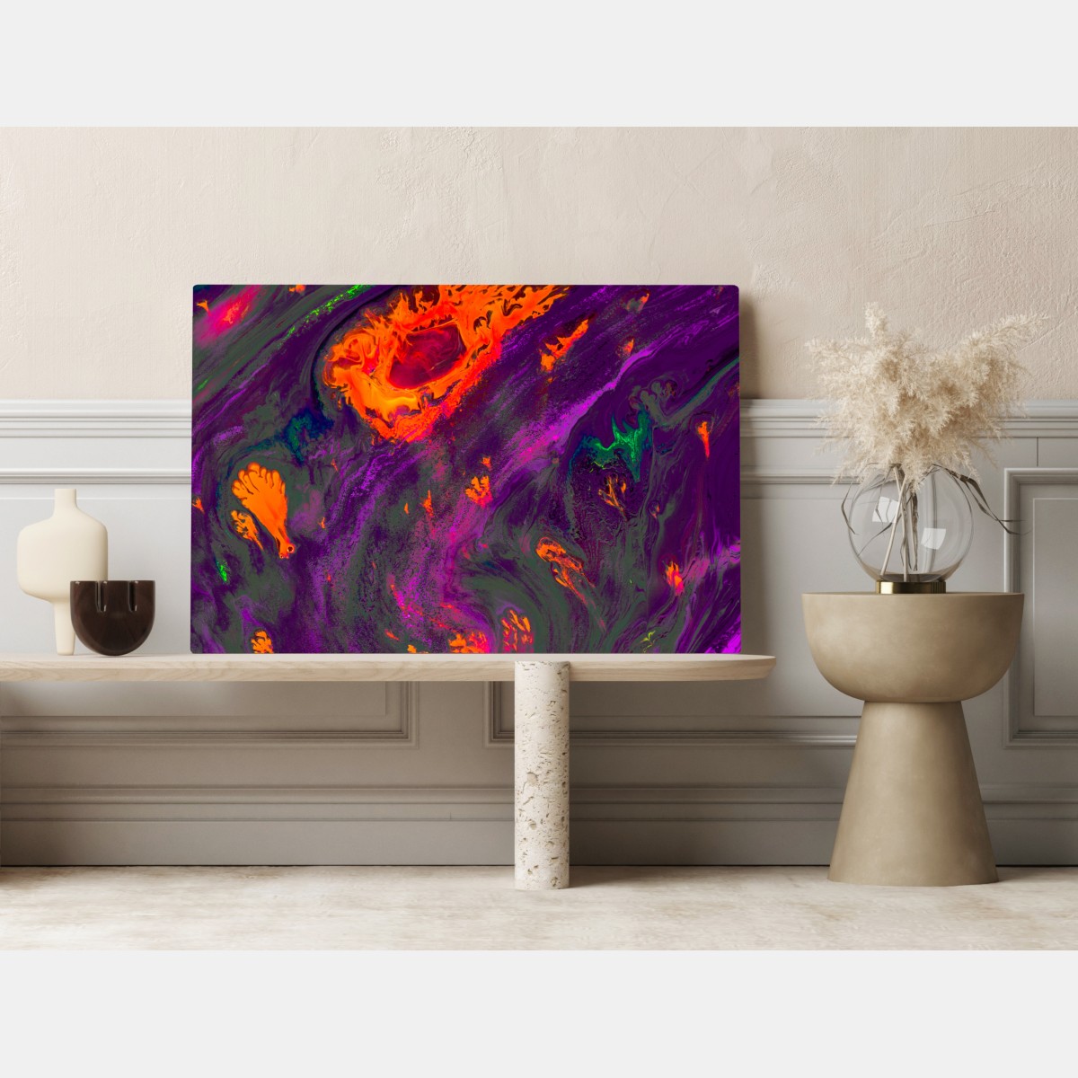 Obraz na płótnie tradycyjna ebru abstrakcja w purpurze i pomarańczy – Wallissimo® Obraz na płótnie tradycyjna ebru abstrakcja w purpurze i pomarańczy – Wallissimo®