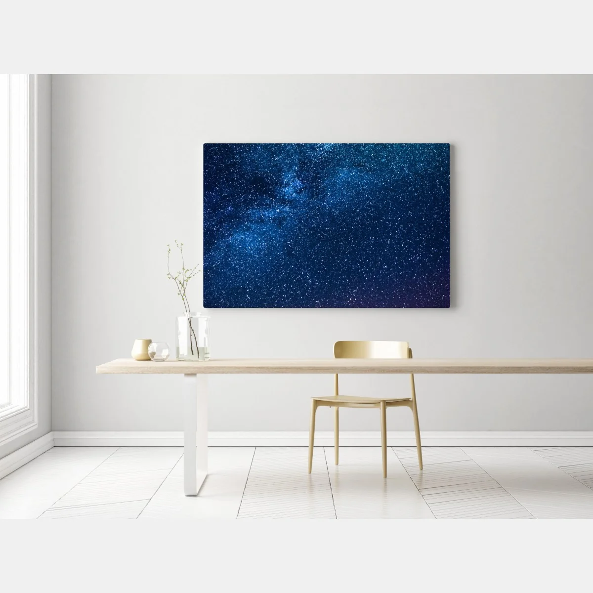 Obraz na płótnie głębokie błękitne nocne niebo z drogą mleczną i spadającą gwiazdą – Wallissimo® Obraz na płótnie głębokie błękitne nocne niebo z drogą mleczną i spadającą gwiazdą – Wallissimo®