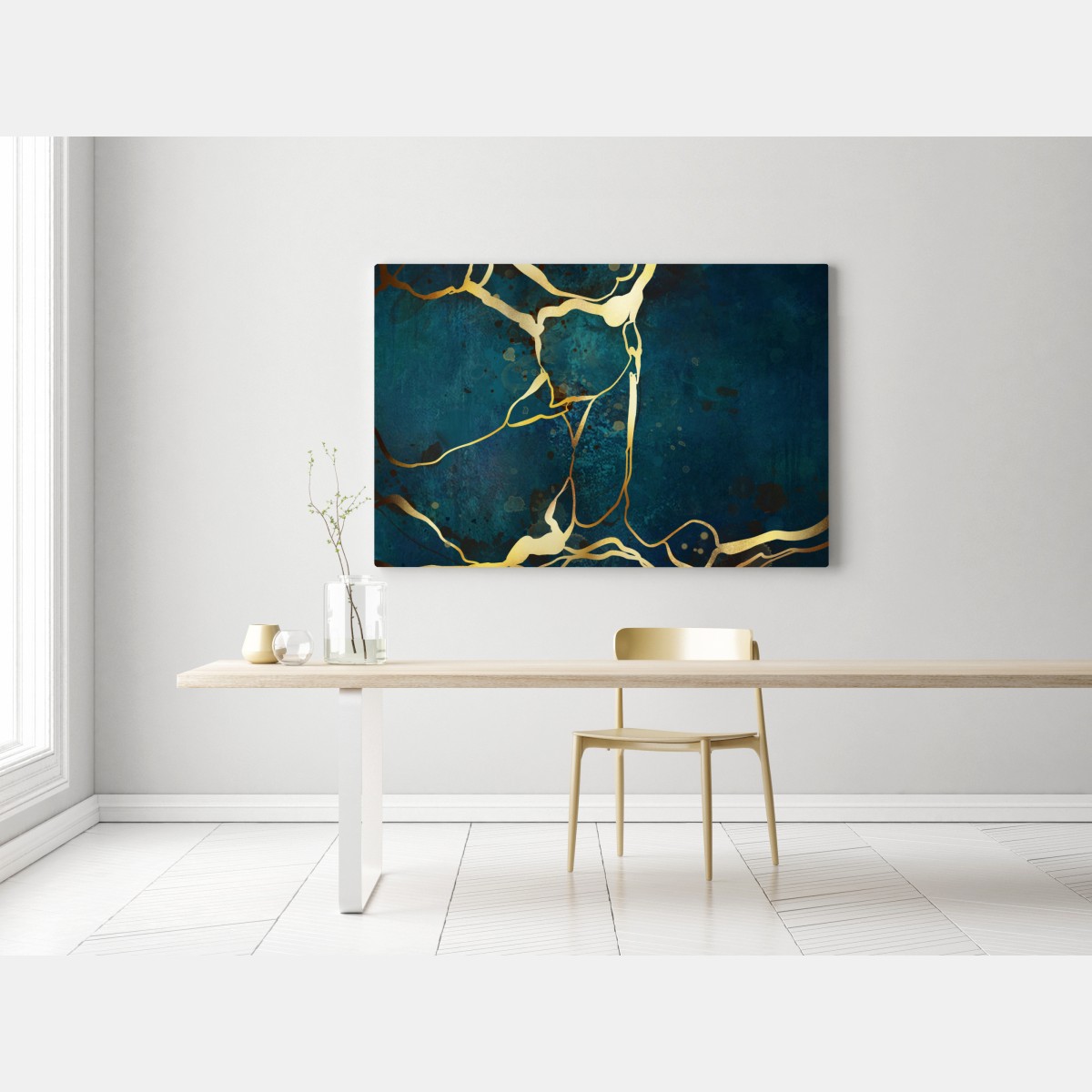 Obraz na płótnie turkusowo-złota abstrakcja ze złotymi żyłami – Wallissimo® Obraz na płótnie turkusowo-złota abstrakcja ze złotymi żyłami – Wallissimo®