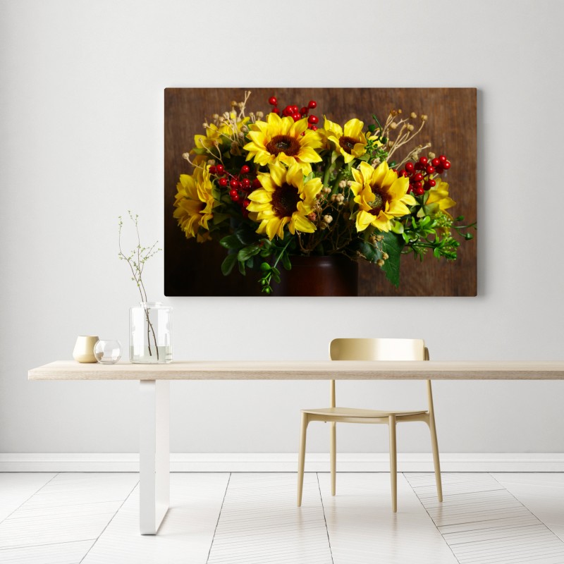 Obraz na płótnie jesienny bukiet słoneczników na drewnianym tle