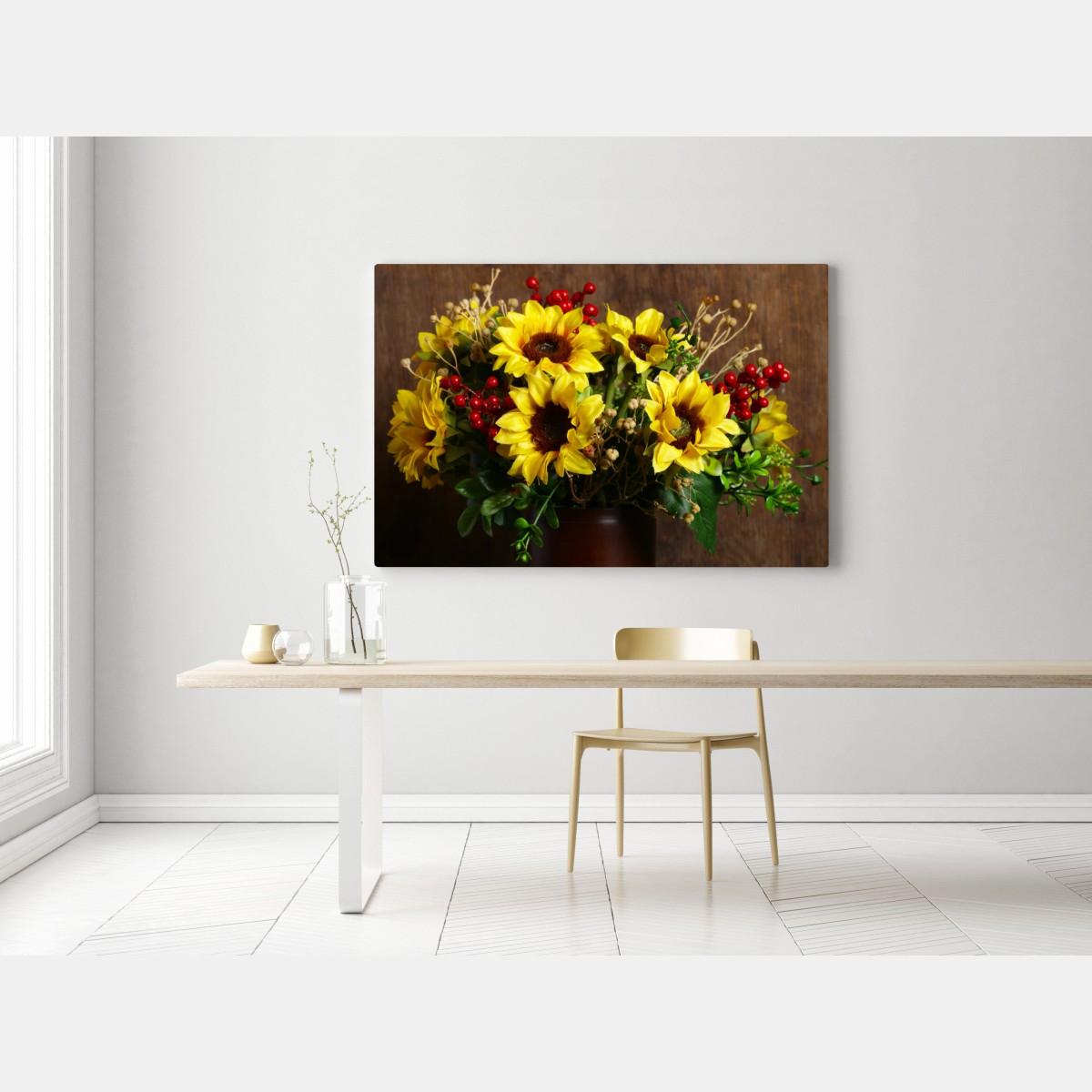 Obraz na płótnie jesienny bukiet słoneczników na drewnianym tle – Wallissimo® Obraz na płótnie jesienny bukiet słoneczników na drewnianym tle – Wallissimo®