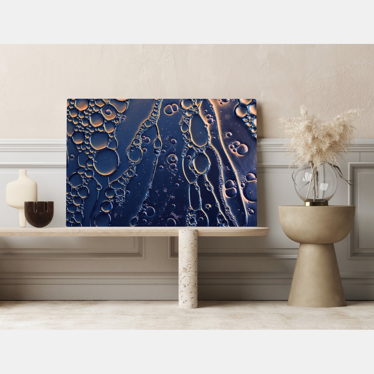 Obraz na płótnie niebiesko-złote abstrakcyjne bąbelki – Wallissimo® Obraz na płótnie niebiesko-złote abstrakcyjne bąbelki – Wallissimo®