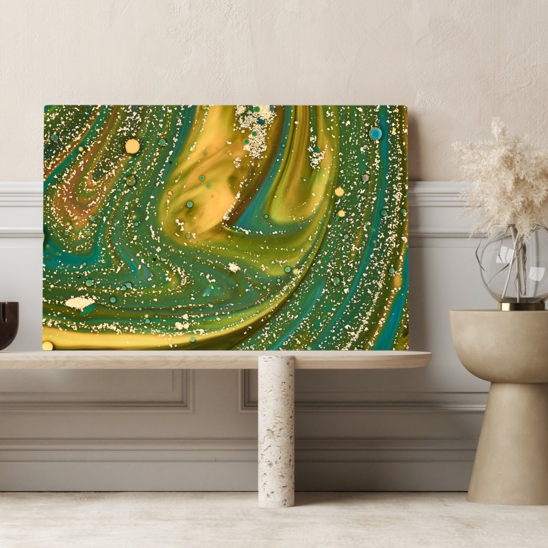 Obraz na płótnie zielono-złota płynna marmurkowa grafika – Wallissimo® Obraz na płótnie zielono-złota płynna marmurkowa grafika – Wallissimo®