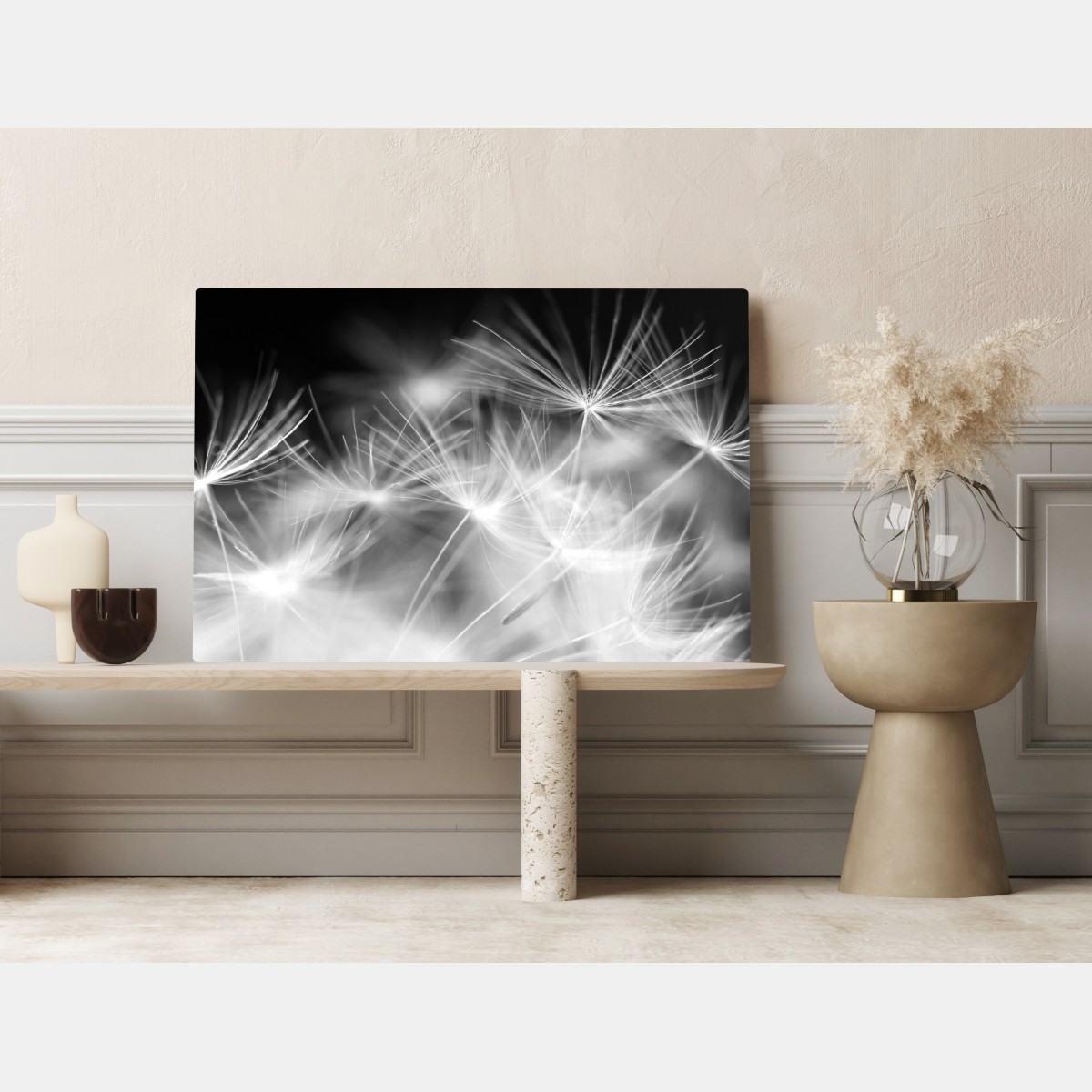 Obraz na płótnie delikatne nasiona dmuchawca czarno-białe – Wallissimo® Obraz na płótnie delikatne nasiona dmuchawca czarno-białe – Wallissimo®