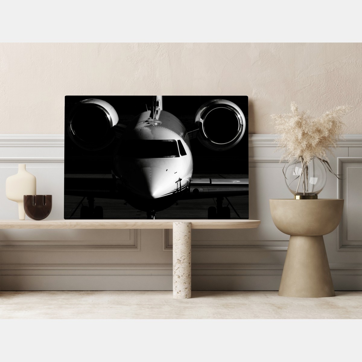 Obraz na płótnie monochromatyczny przód prywatnego odrzutowca – Wallissimo® Obraz na płótnie monochromatyczny przód prywatnego odrzutowca – Wallissimo®