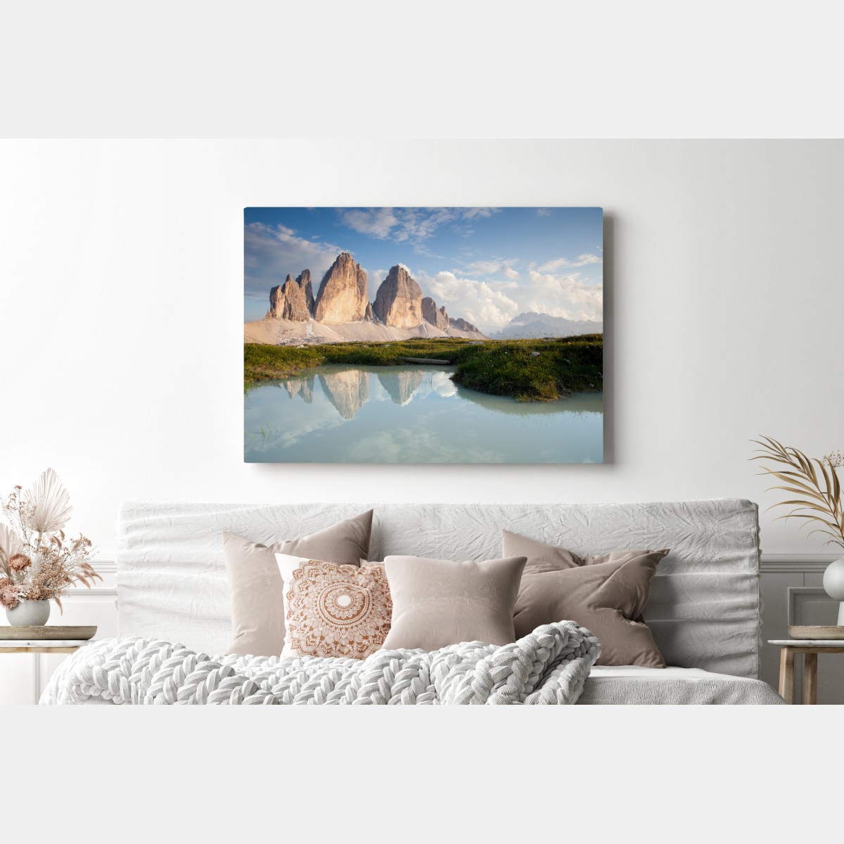 Obraz na płótnie słoneczne alpejskie szczyty odbite w spokojnym jeziorze – Wallissimo® Obraz na płótnie słoneczne alpejskie szczyty odbite w spokojnym jeziorze – Wallissimo®