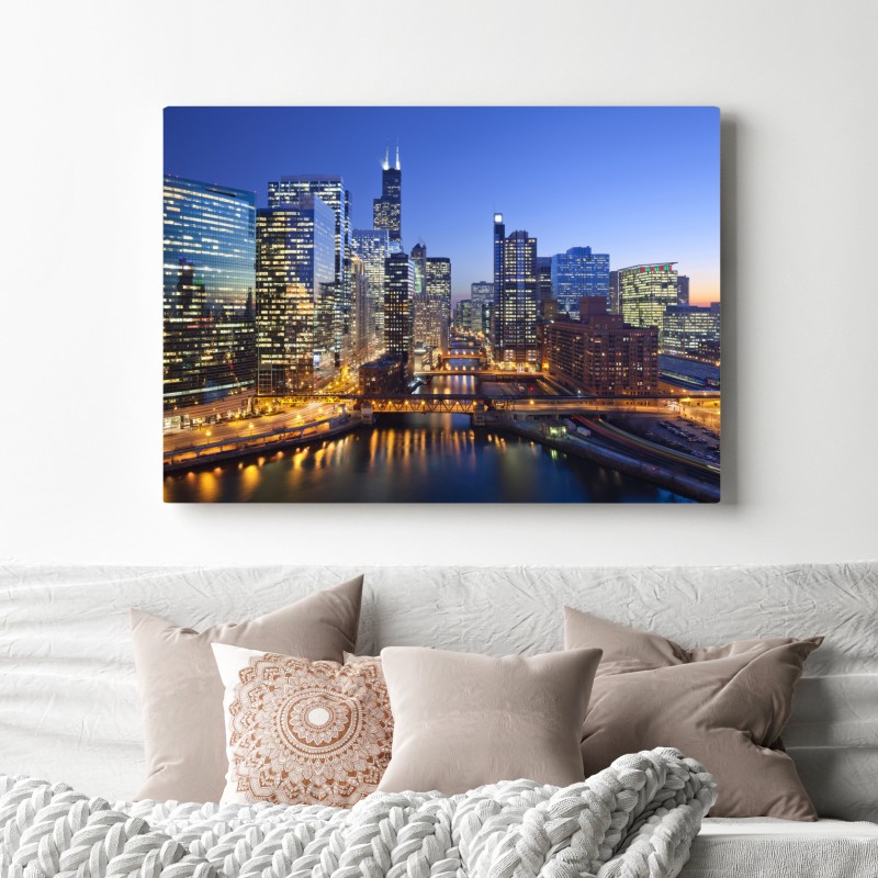 Obraz na płótnie widok na panoramę Chicago o zmierzchu – Wallissimo® Obraz na płótnie widok na panoramę Chicago o zmierzchu – Wallissimo®