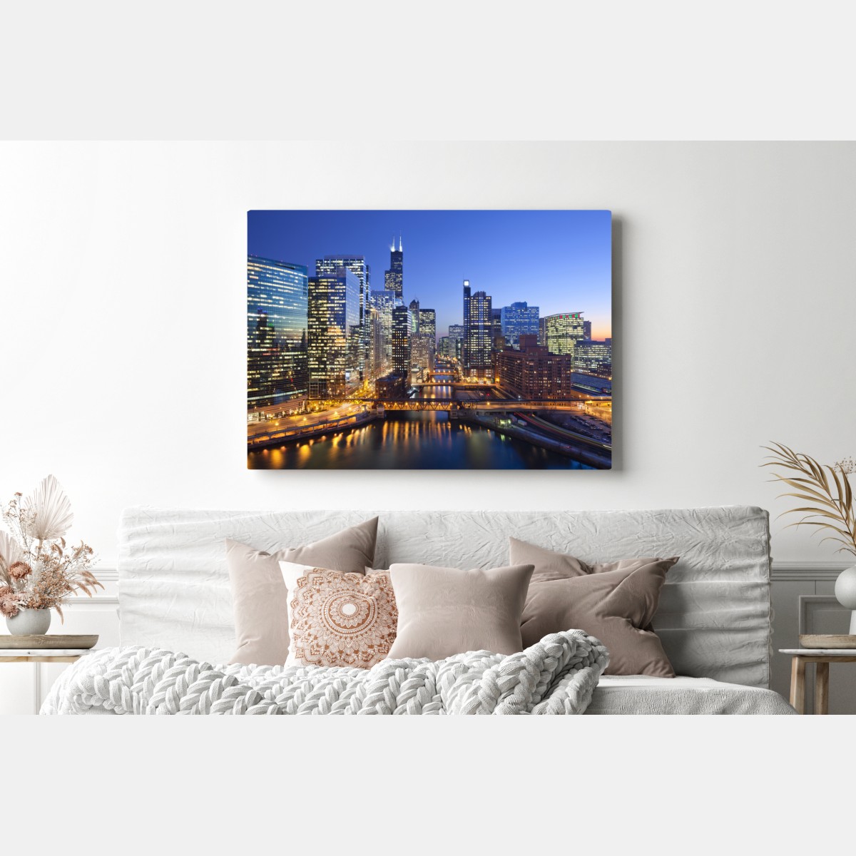 Obraz na płótnie widok na panoramę Chicago o zmierzchu – Wallissimo® Obraz na płótnie widok na panoramę Chicago o zmierzchu – Wallissimo®