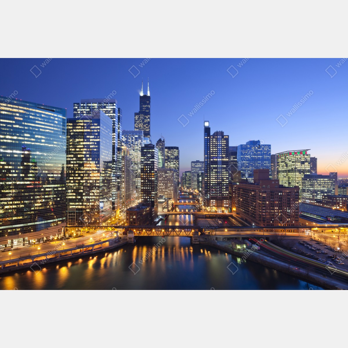 Obraz na płótnie widok na panoramę Chicago o zmierzchu – Wallissimo® Obraz na płótnie widok na panoramę Chicago o zmierzchu – Wallissimo®