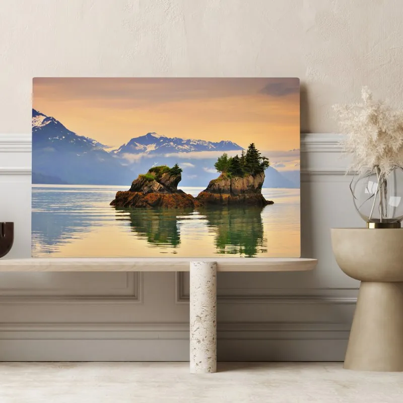 Obraz na płótnie spokojne odbicia wysp o zachodzie słońca – Wallissimo® Obraz na płótnie spokojne odbicia wysp o zachodzie słońca – Wallissimo®