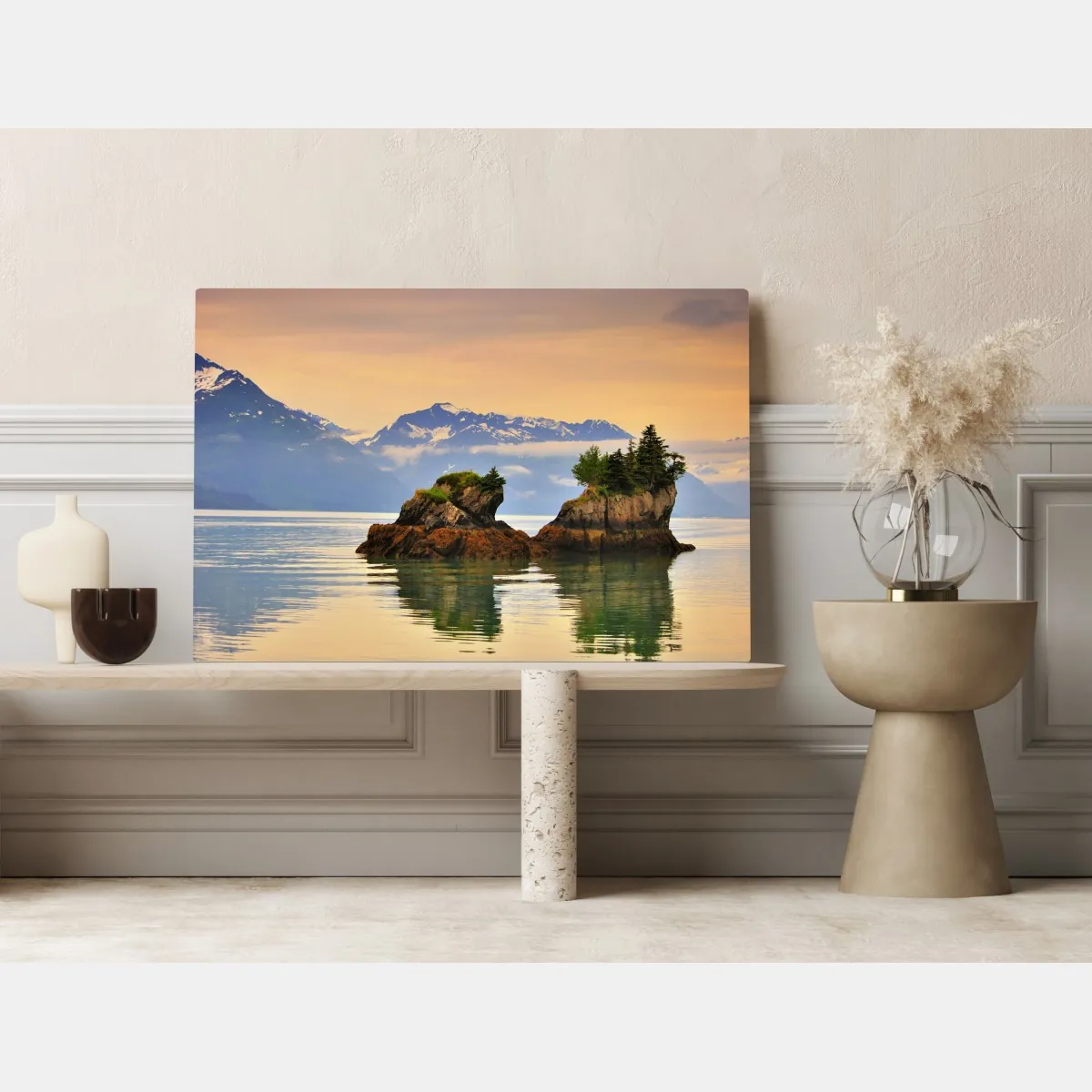 Obraz na płótnie spokojne odbicia wysp o zachodzie słońca – Wallissimo® Obraz na płótnie spokojne odbicia wysp o zachodzie słońca – Wallissimo®