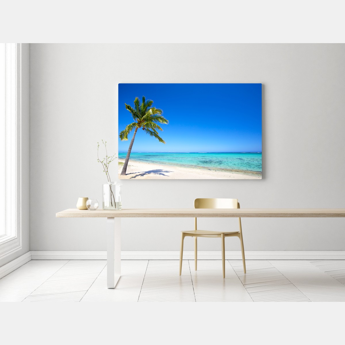Obraz na płótnie tropikalna plaża z palmą – Wallissimo® Obraz na płótnie tropikalna plaża z palmą – Wallissimo®