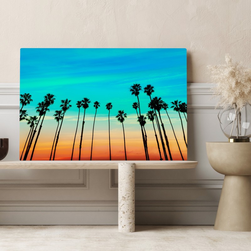Obraz na płótnie palmy o zachodzie słońca w Kalifornii – Wallissimo® Obraz na płótnie palmy o zachodzie słońca w Kalifornii – Wallissimo®