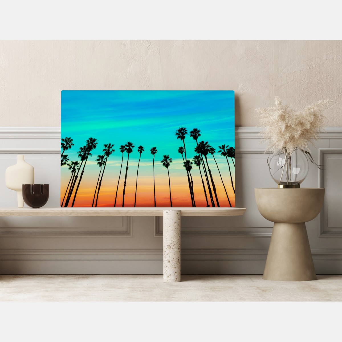 Obraz na płótnie palmy o zachodzie słońca w Kalifornii – Wallissimo® Obraz na płótnie palmy o zachodzie słońca w Kalifornii – Wallissimo®