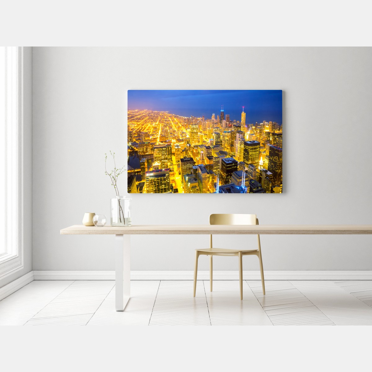 Obraz na płótnie lotnicza panorama Chicago nocą – Wallissimo® Obraz na płótnie lotnicza panorama Chicago nocą – Wallissimo®