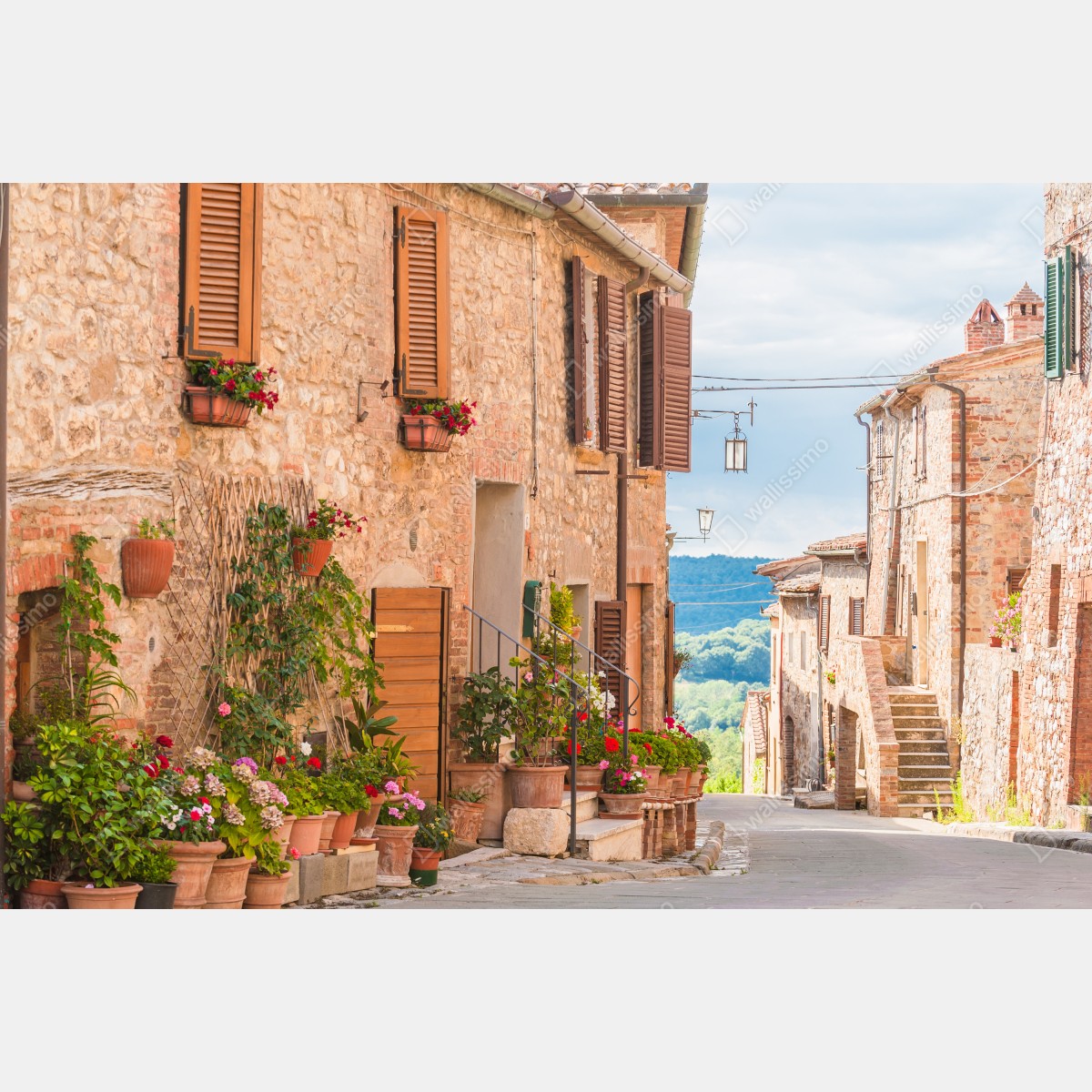 Obraz na płótnie średniowieczna ulica w Toskanii z doniczkami z kwiatami – Wallissimo® Obraz na płótnie średniowieczna ulica w Toskanii z doniczkami z kwiatami – Wallissimo®