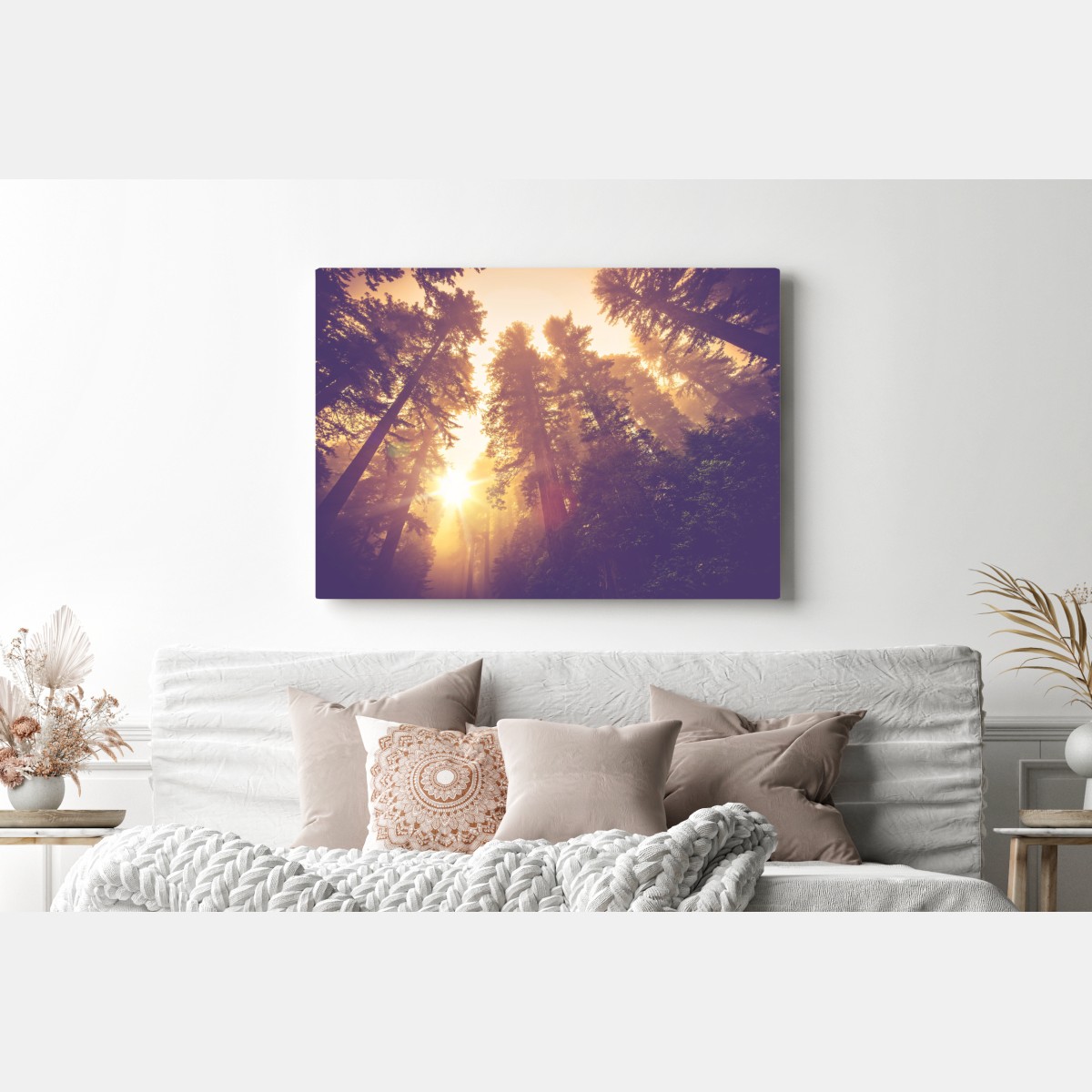 Obraz na płótnie mglisty las sekwojowy w złotych vintage tonacjach – Wallissimo® Obraz na płótnie mglisty las sekwojowy w złotych vintage tonacjach – Wallissimo®