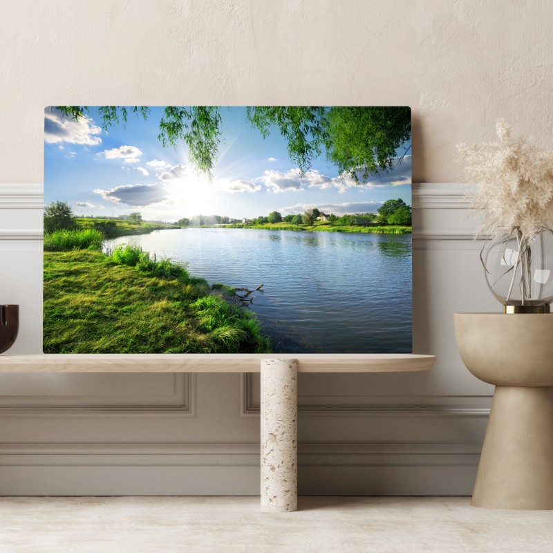 Obraz na płótnie nasłoneczniony brzeg rzeki z bujną zielenią – Wallissimo® Obraz na płótnie nasłoneczniony brzeg rzeki z bujną zielenią – Wallissimo®