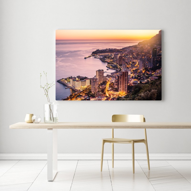Obraz na płótnie zachód słońca nad miejskim wybrzeżem – Wallissimo® Obraz na płótnie zachód słońca nad miejskim wybrzeżem – Wallissimo®