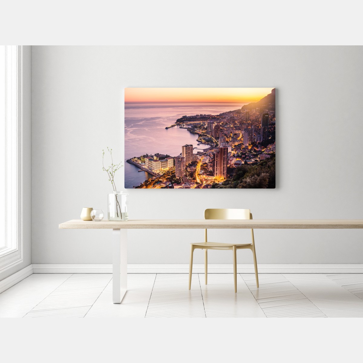 Obraz na płótnie zachód słońca nad miejskim wybrzeżem – Wallissimo® Obraz na płótnie zachód słońca nad miejskim wybrzeżem – Wallissimo®