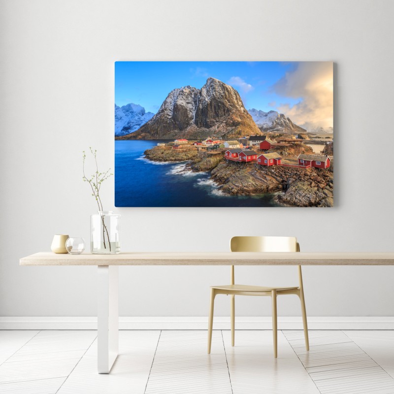 Obraz na płótnie wioska nadbrzeżna w Norwegii z czerwonymi domkami – Wallissimo® Obraz na płótnie wioska nadbrzeżna w Norwegii z czerwonymi domkami – Wallissimo®