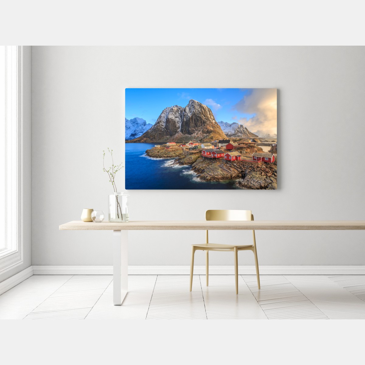 Obraz na płótnie wioska nadbrzeżna w Norwegii z czerwonymi domkami – Wallissimo® Obraz na płótnie wioska nadbrzeżna w Norwegii z czerwonymi domkami – Wallissimo®