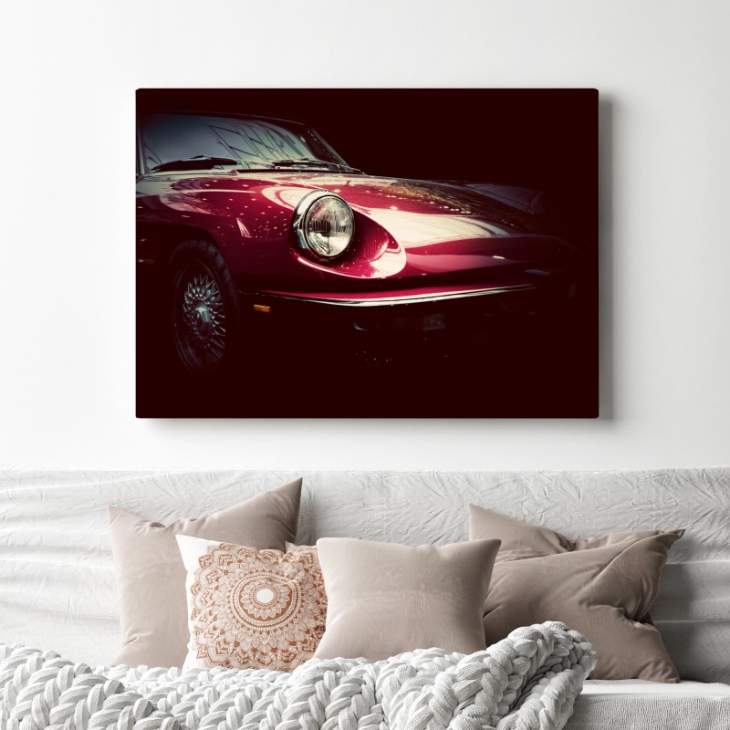 Obraz na płótnie zbliżenie klasycznego czerwonego samochodu sportowego – Wallissimo® Obraz na płótnie zbliżenie klasycznego czerwonego samochodu sportowego – Wallissimo®