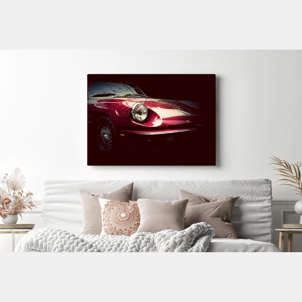 Obraz na płótnie zbliżenie klasycznego czerwonego samochodu sportowego – Wallissimo® Obraz na płótnie zbliżenie klasycznego czerwonego samochodu sportowego – Wallissimo®