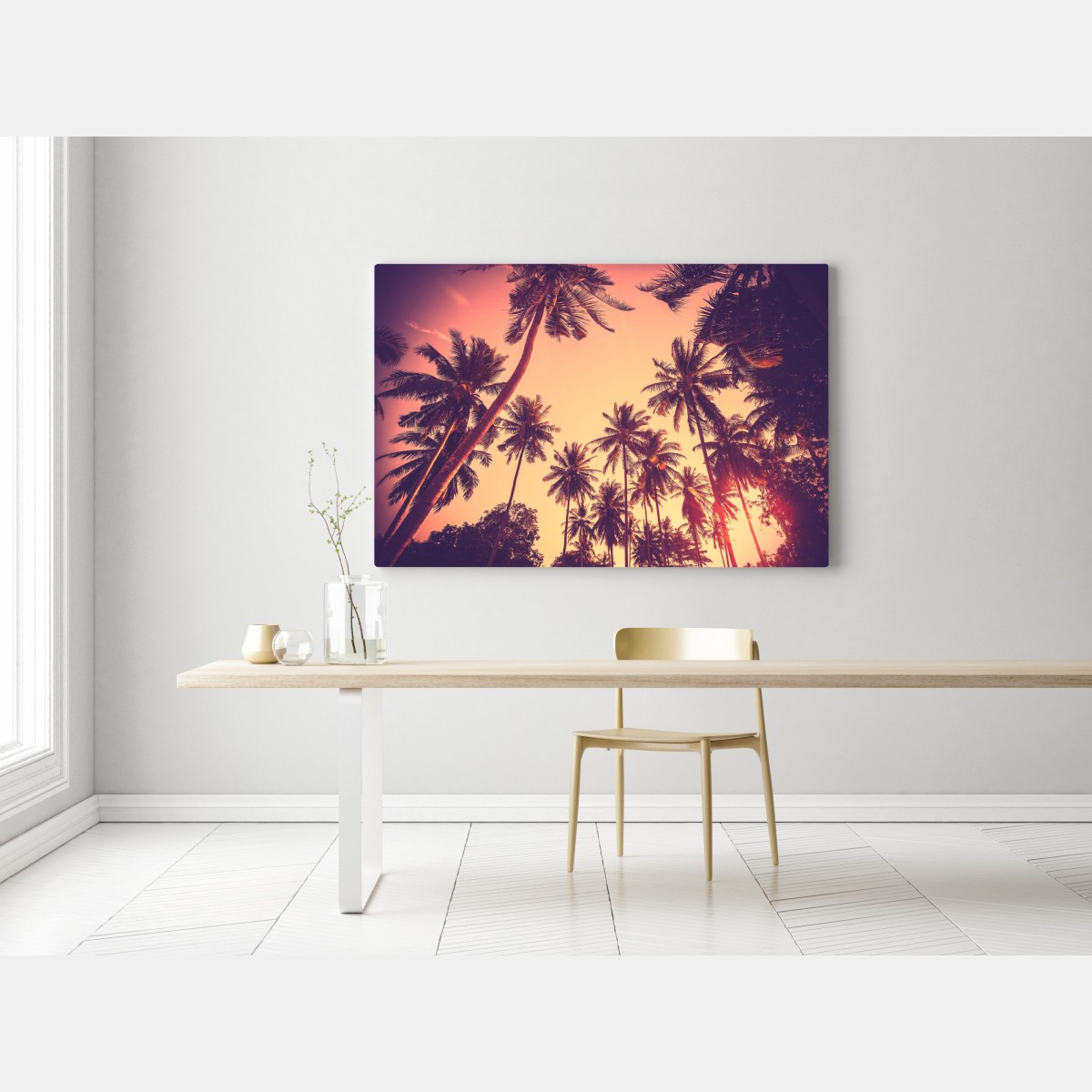 Obraz na płótnie vintage tropikalny zachód słońca z palmami – Wallissimo® Obraz na płótnie vintage tropikalny zachód słońca z palmami – Wallissimo®