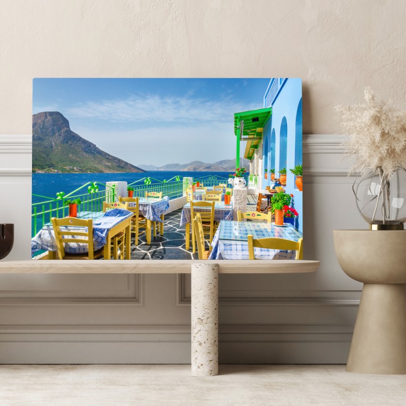 Obraz na płótnie słoneczny taras nadmorski z widokiem na morze – Wallissimo® Obraz na płótnie słoneczny taras nadmorski z widokiem na morze – Wallissimo®