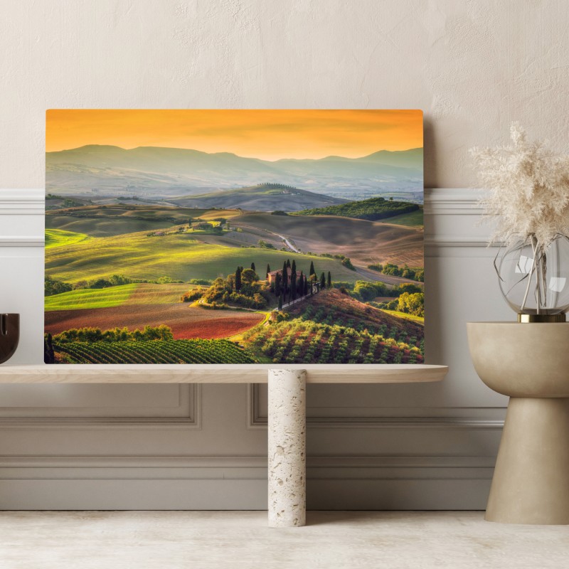 Obraz na płótnie Toskania sielankowe wzgórza o zachodzie słońca – Wallissimo® Obraz na płótnie Toskania sielankowe wzgórza o zachodzie słońca – Wallissimo®