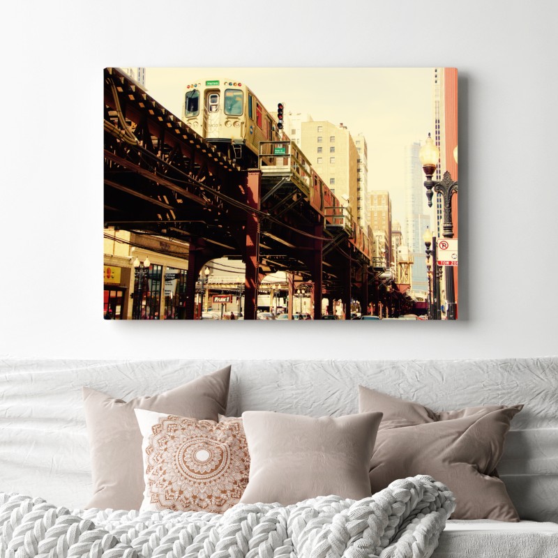 Obraz na płótnie retro kolej nadziemna nad ulicą miasta – Wallissimo® Obraz na płótnie retro kolej nadziemna nad ulicą miasta – Wallissimo®