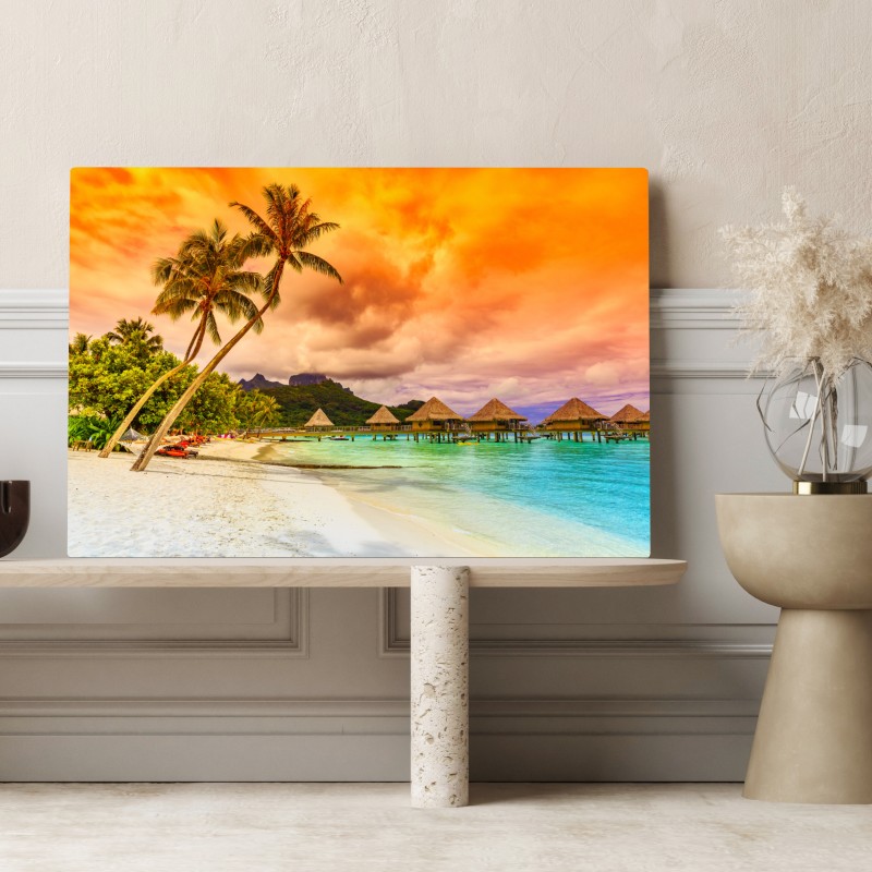 Obraz na płótnie zachód słońca w Bora Bora nad bungalowami na wodzie – Wallissimo® Obraz na płótnie zachód słońca w Bora Bora nad bungalowami na wodzie – Wallissimo®