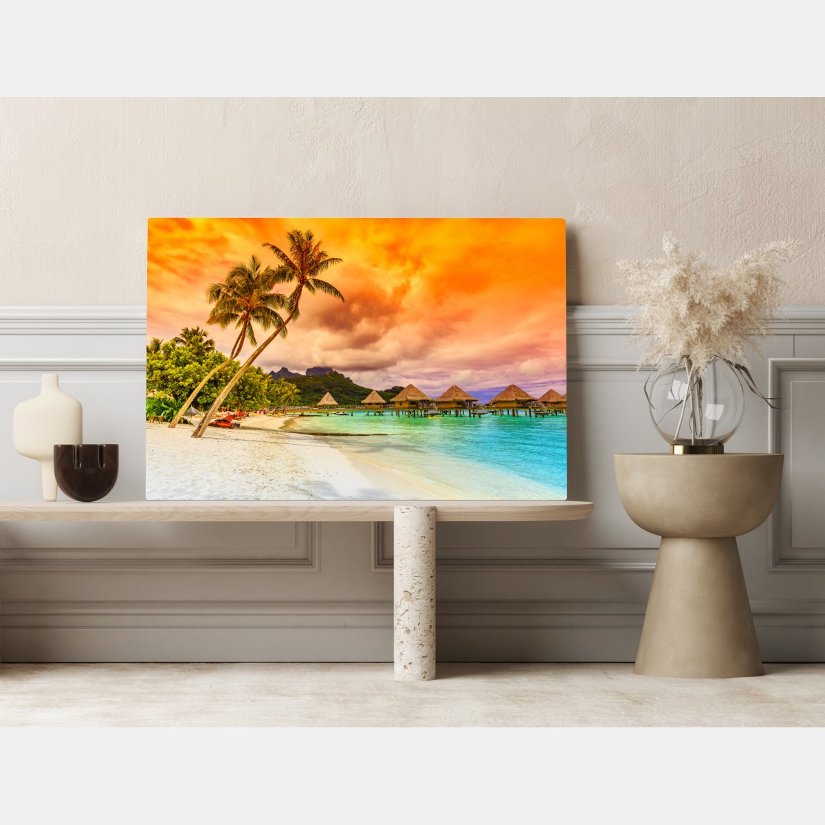 Obraz na płótnie zachód słońca w Bora Bora nad bungalowami na wodzie – Wallissimo® Obraz na płótnie zachód słońca w Bora Bora nad bungalowami na wodzie – Wallissimo®