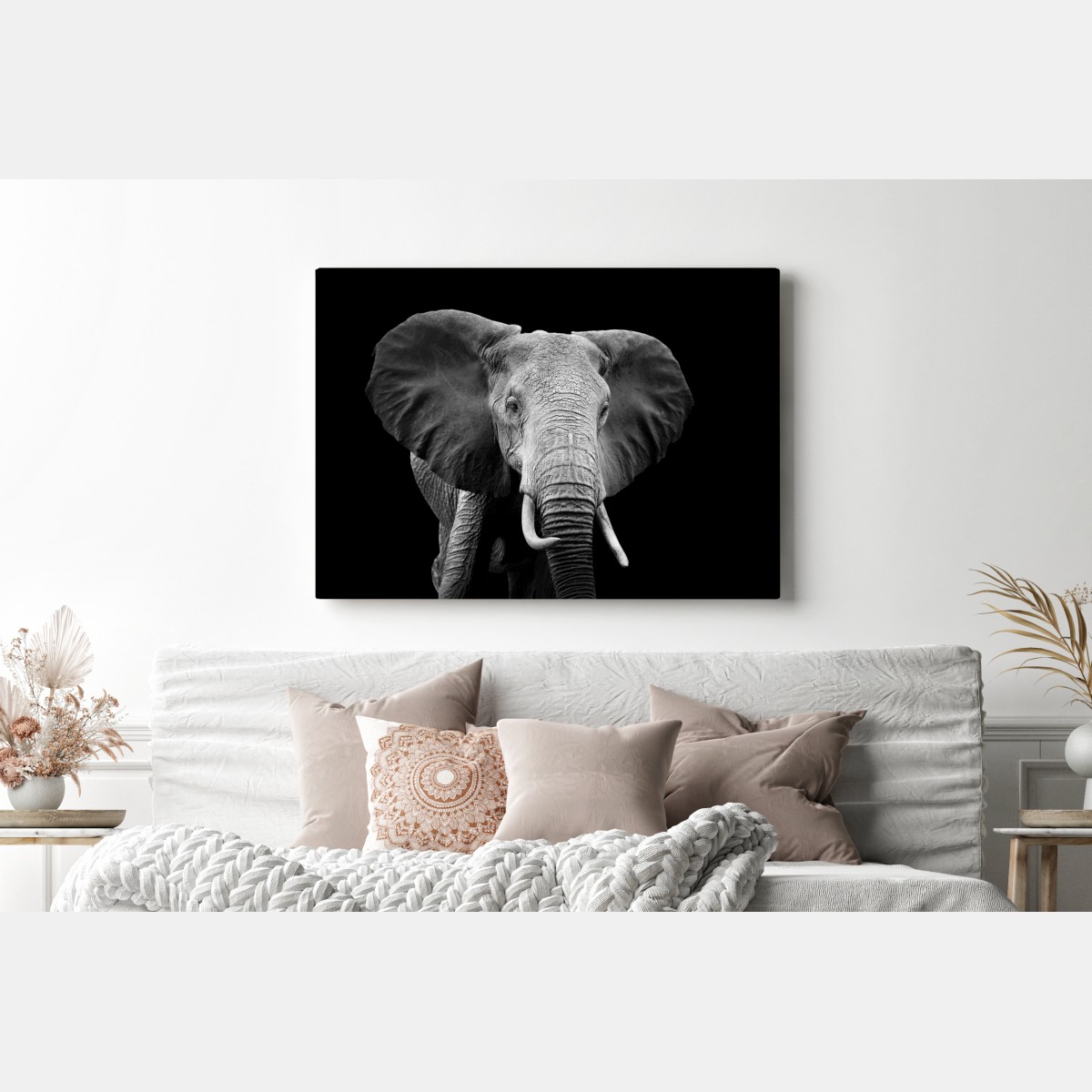 Obraz na płótnie majestatyczny portret słonia czarno-biały – Wallissimo® Obraz na płótnie majestatyczny portret słonia czarno-biały – Wallissimo®