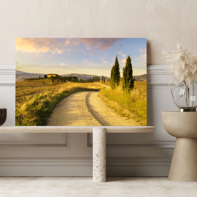 Obraz na płótnie złota wiejska droga wśród cyprysów – Wallissimo® Obraz na płótnie złota wiejska droga wśród cyprysów – Wallissimo®